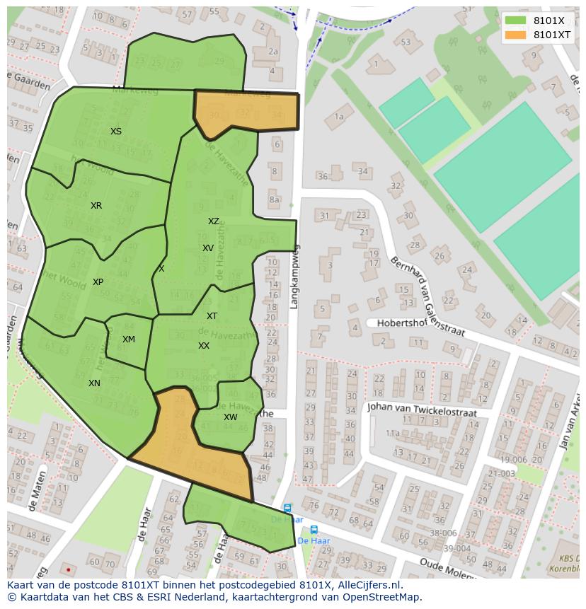 Afbeelding van het postcodegebied 8101 XT op de kaart.