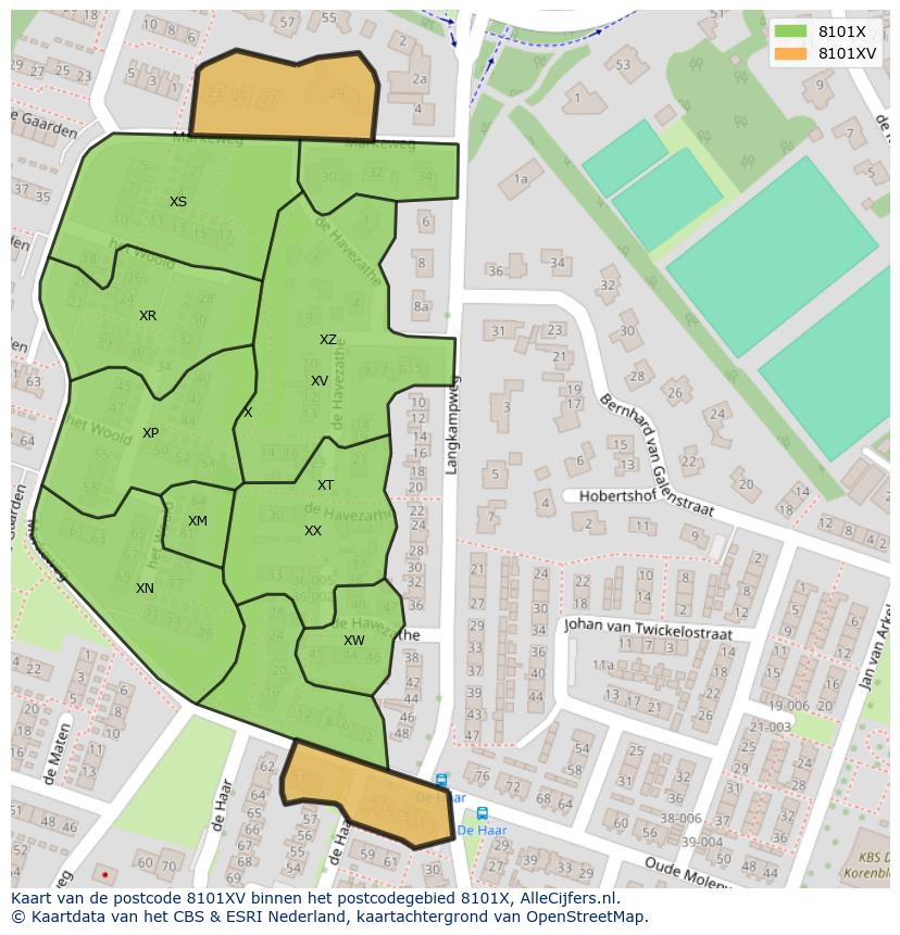 Afbeelding van het postcodegebied 8101 XV op de kaart.