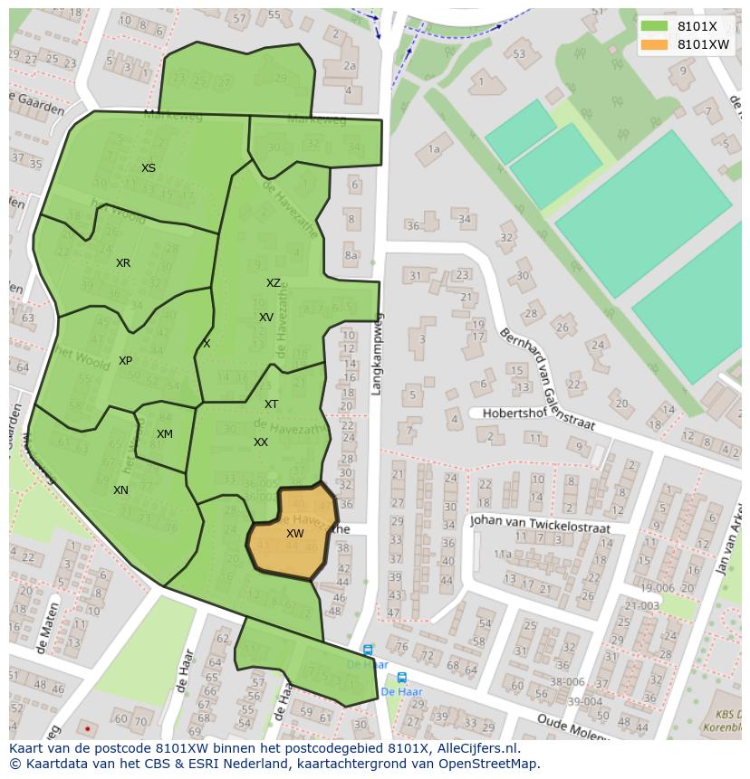 Afbeelding van het postcodegebied 8101 XW op de kaart.