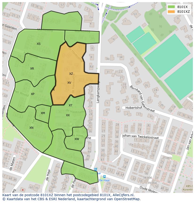 Afbeelding van het postcodegebied 8101 XZ op de kaart.