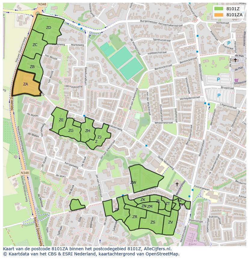 Afbeelding van het postcodegebied 8101 ZA op de kaart.