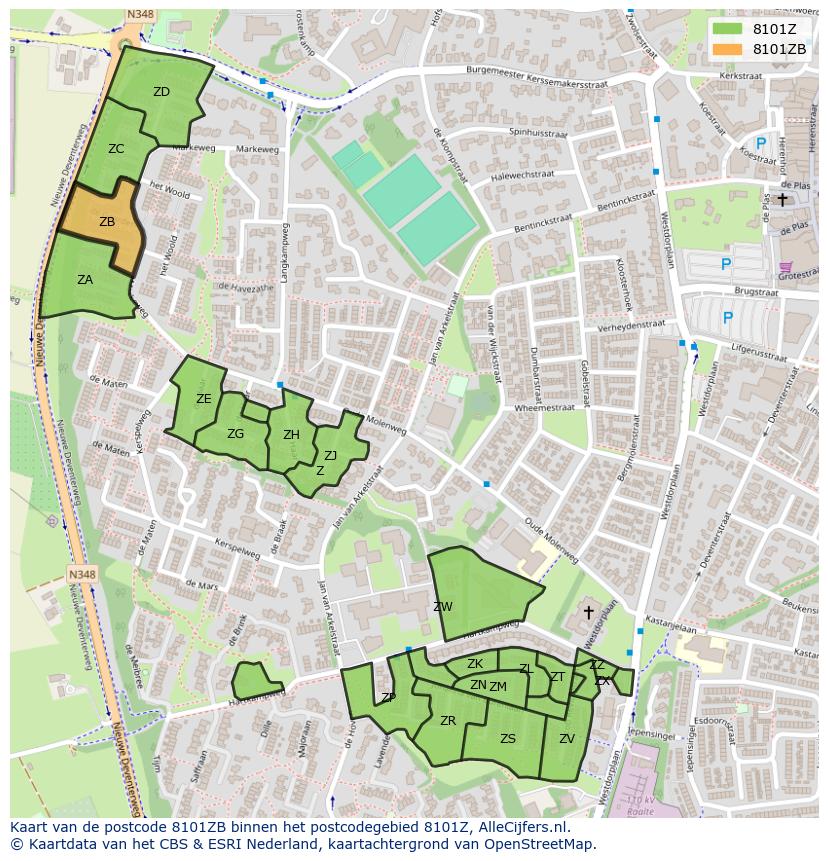 Afbeelding van het postcodegebied 8101 ZB op de kaart.