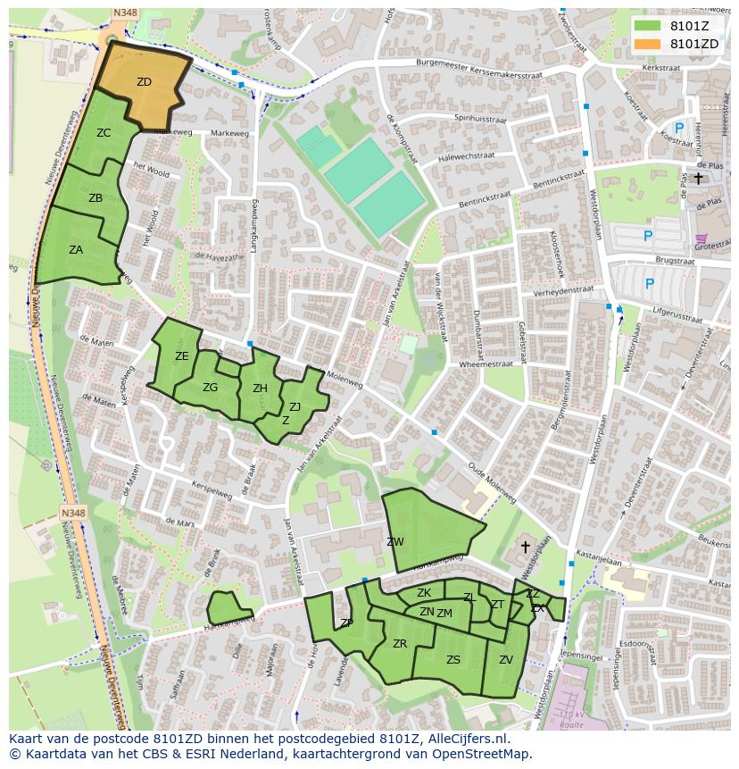 Afbeelding van het postcodegebied 8101 ZD op de kaart.