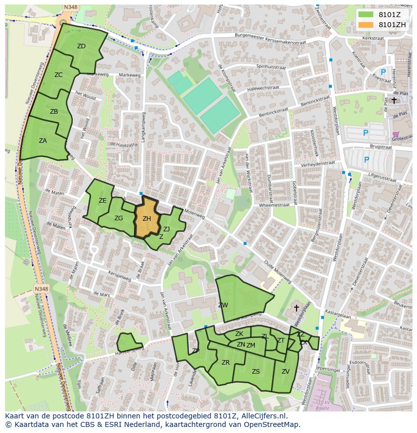 Afbeelding van het postcodegebied 8101 ZH op de kaart.