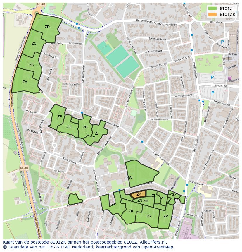 Afbeelding van het postcodegebied 8101 ZK op de kaart.