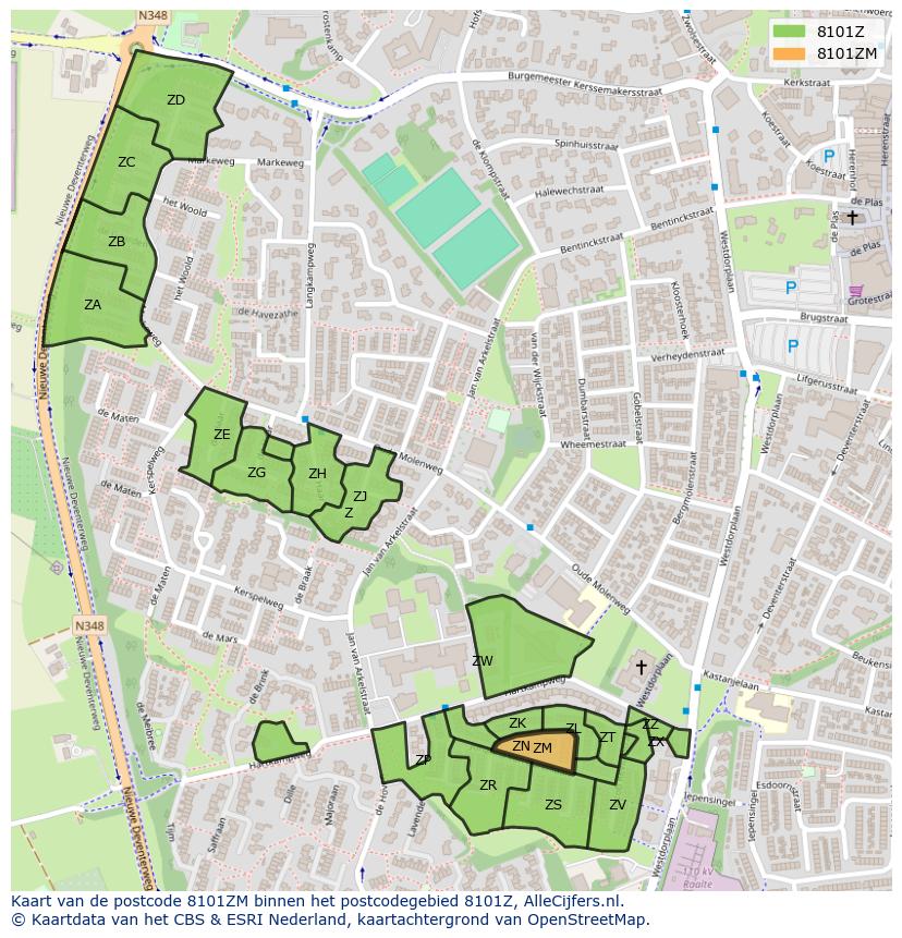 Afbeelding van het postcodegebied 8101 ZM op de kaart.