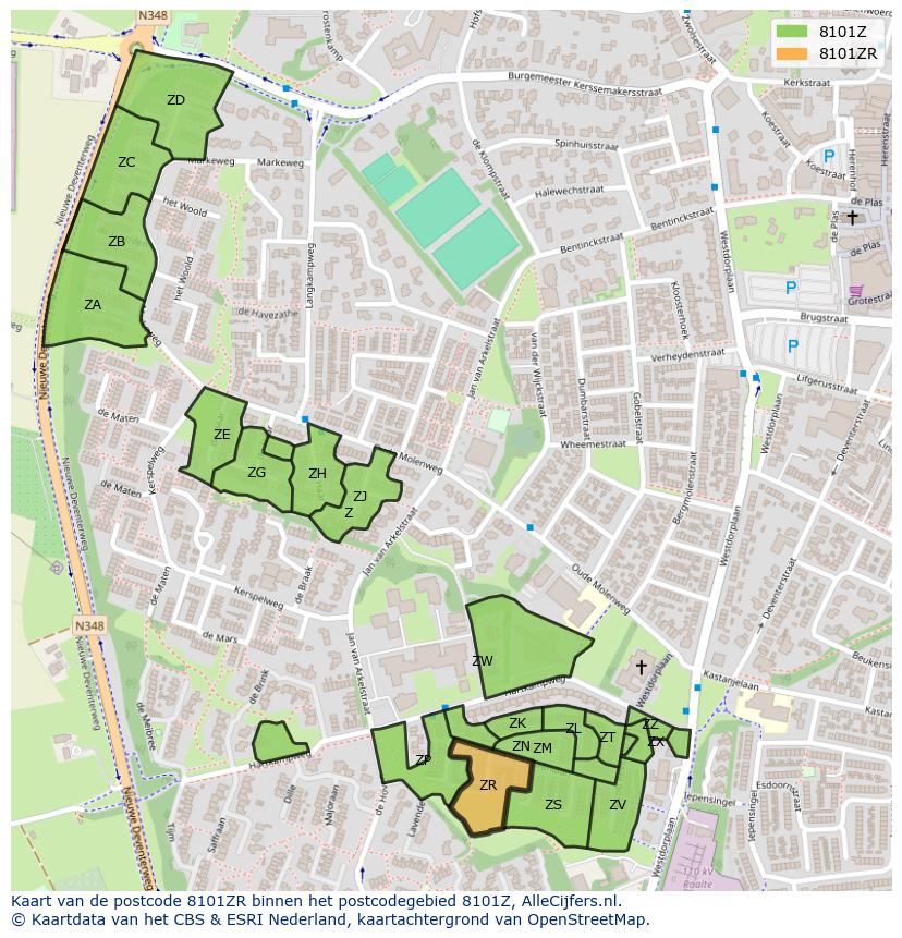 Afbeelding van het postcodegebied 8101 ZR op de kaart.