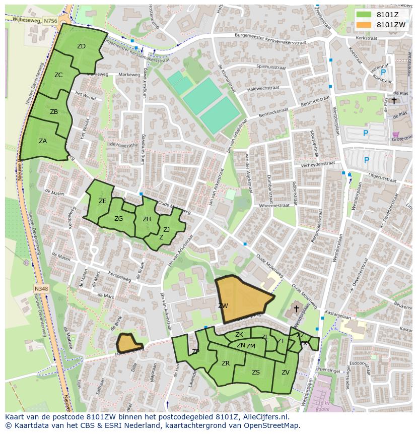 Afbeelding van het postcodegebied 8101 ZW op de kaart.