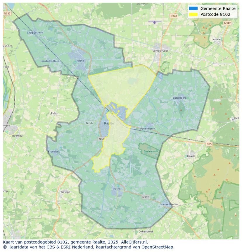 Afbeelding van het postcodegebied 8102 op de kaart.