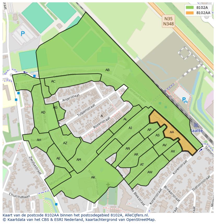 Afbeelding van het postcodegebied 8102 AA op de kaart.