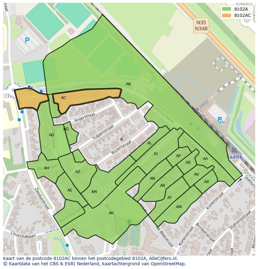 Afbeelding van het postcodegebied 8102 AC op de kaart.
