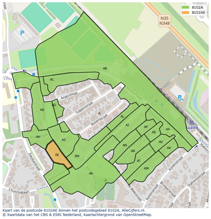 Afbeelding van het postcodegebied 8102 AE op de kaart.