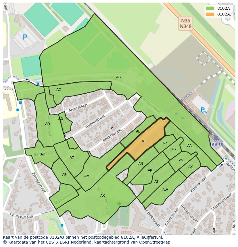Afbeelding van het postcodegebied 8102 AJ op de kaart.