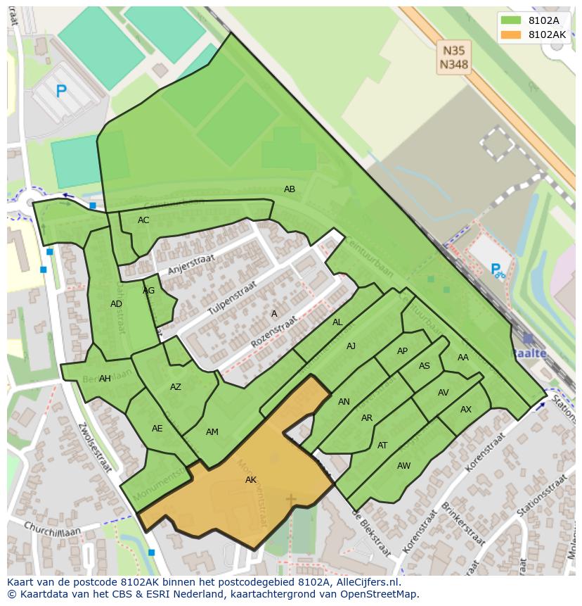 Afbeelding van het postcodegebied 8102 AK op de kaart.