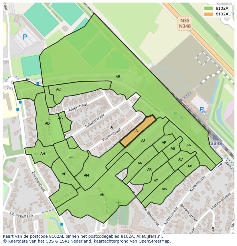 Afbeelding van het postcodegebied 8102 AL op de kaart.