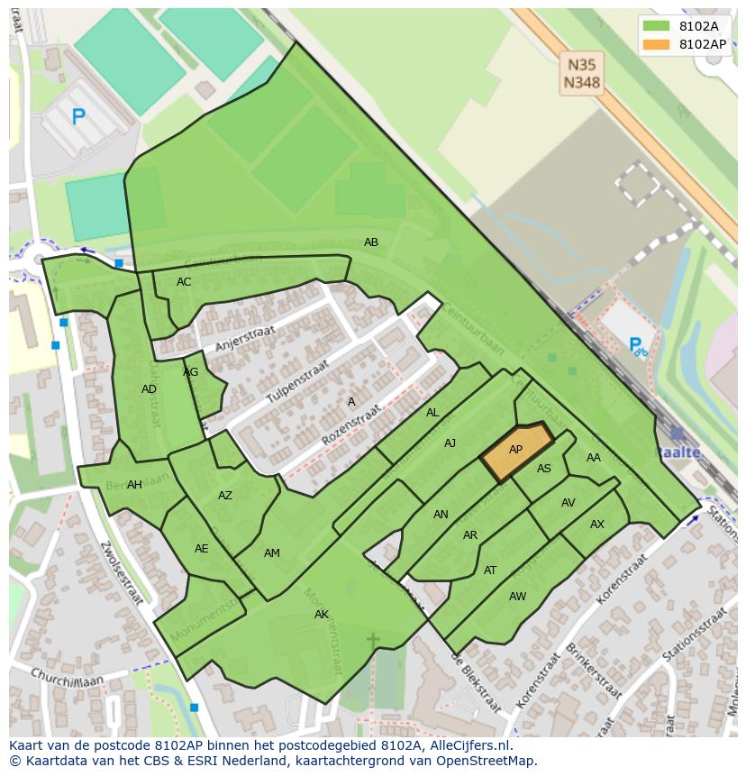 Afbeelding van het postcodegebied 8102 AP op de kaart.