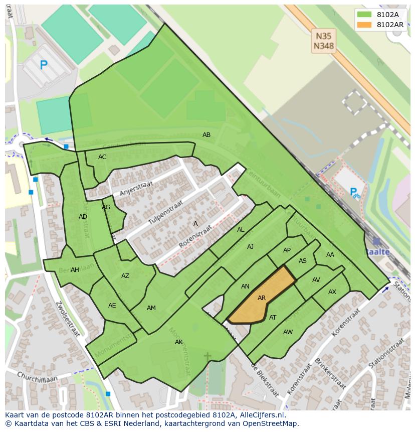 Afbeelding van het postcodegebied 8102 AR op de kaart.