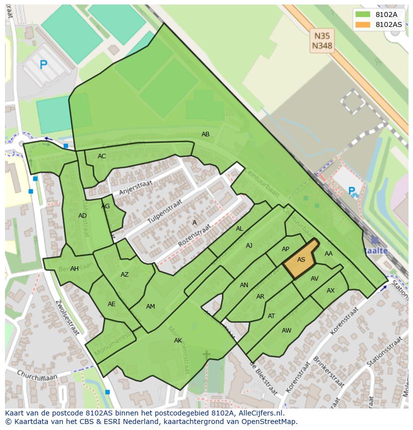 Afbeelding van het postcodegebied 8102 AS op de kaart.