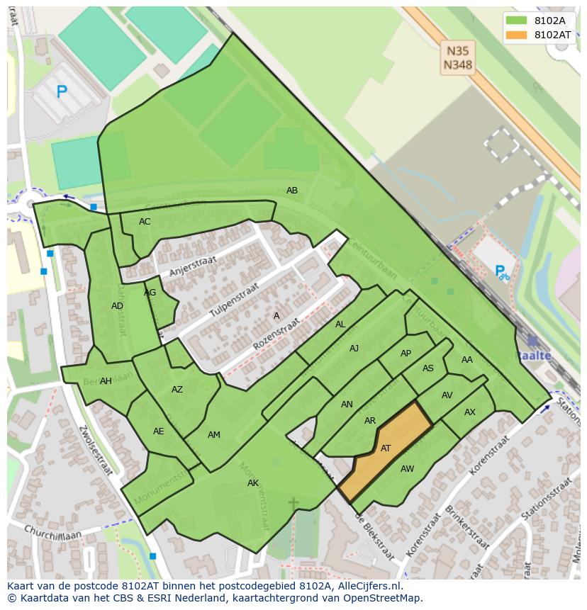 Afbeelding van het postcodegebied 8102 AT op de kaart.