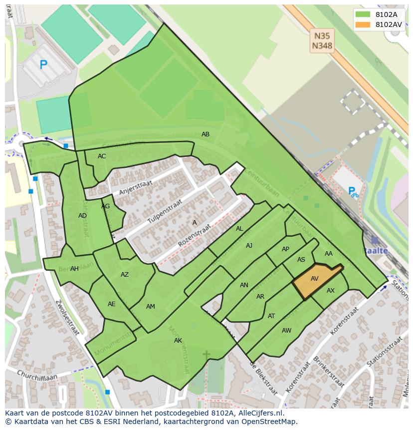 Afbeelding van het postcodegebied 8102 AV op de kaart.