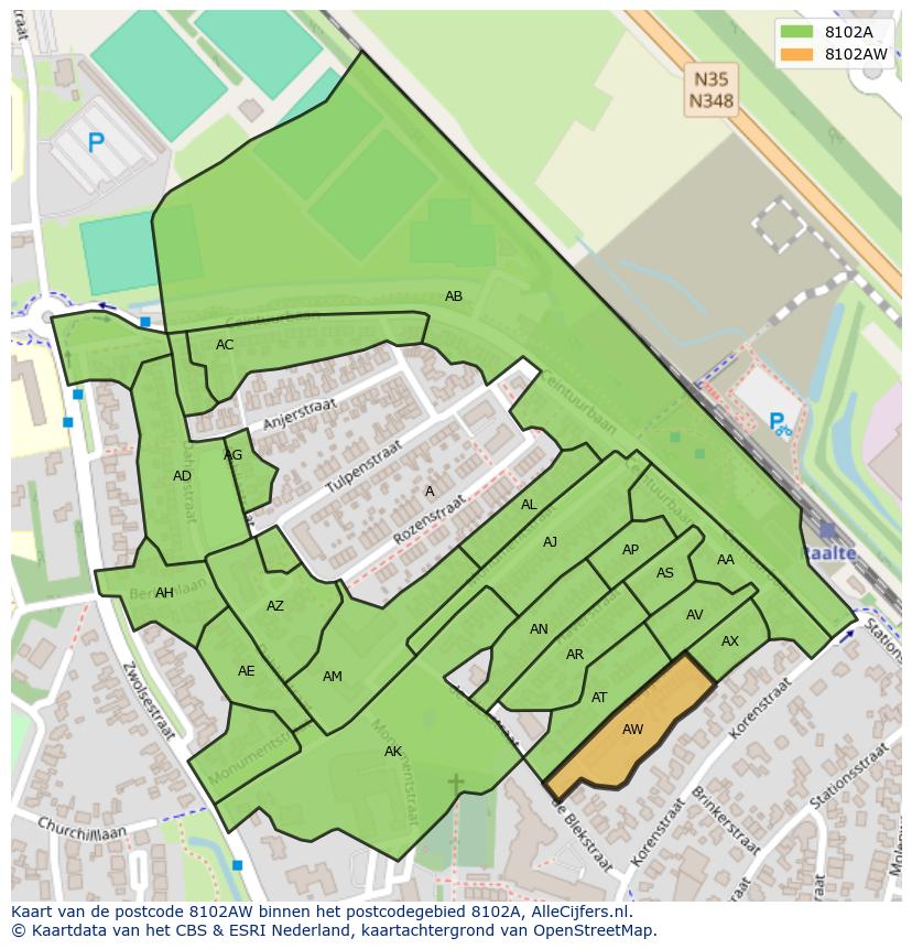 Afbeelding van het postcodegebied 8102 AW op de kaart.