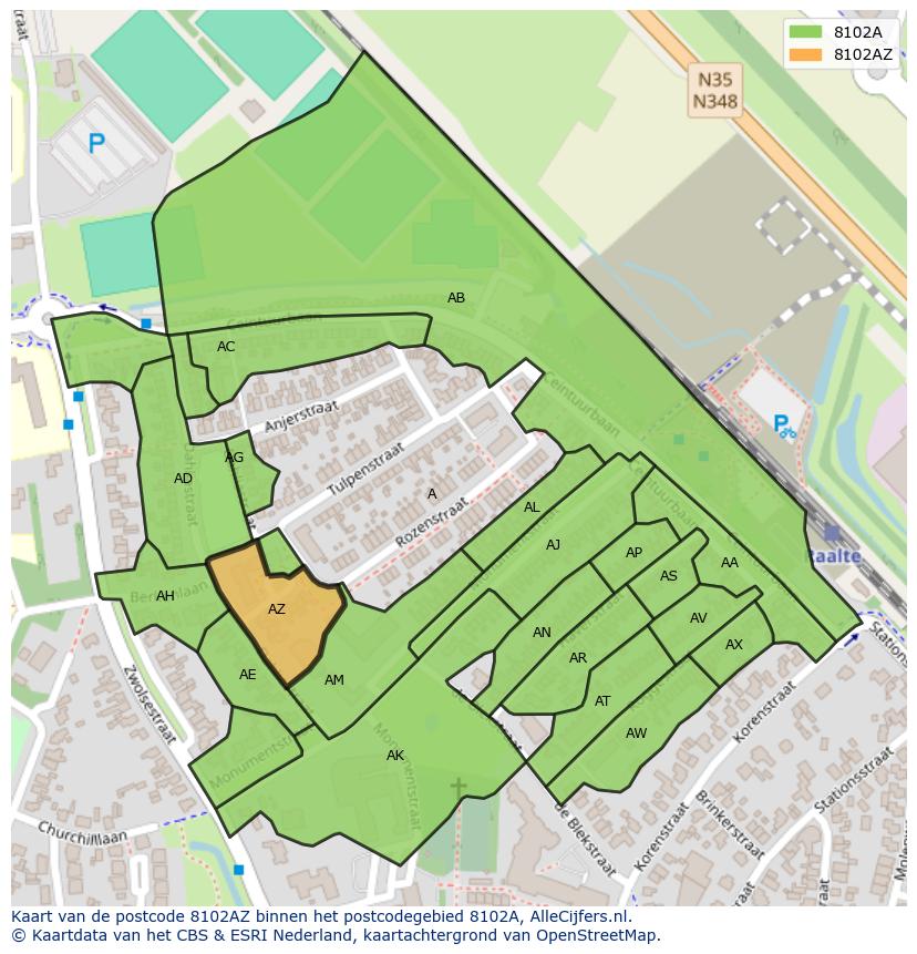Afbeelding van het postcodegebied 8102 AZ op de kaart.