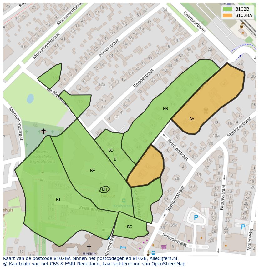 Afbeelding van het postcodegebied 8102 BA op de kaart.
