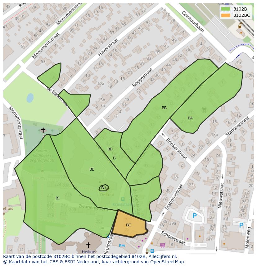 Afbeelding van het postcodegebied 8102 BC op de kaart.