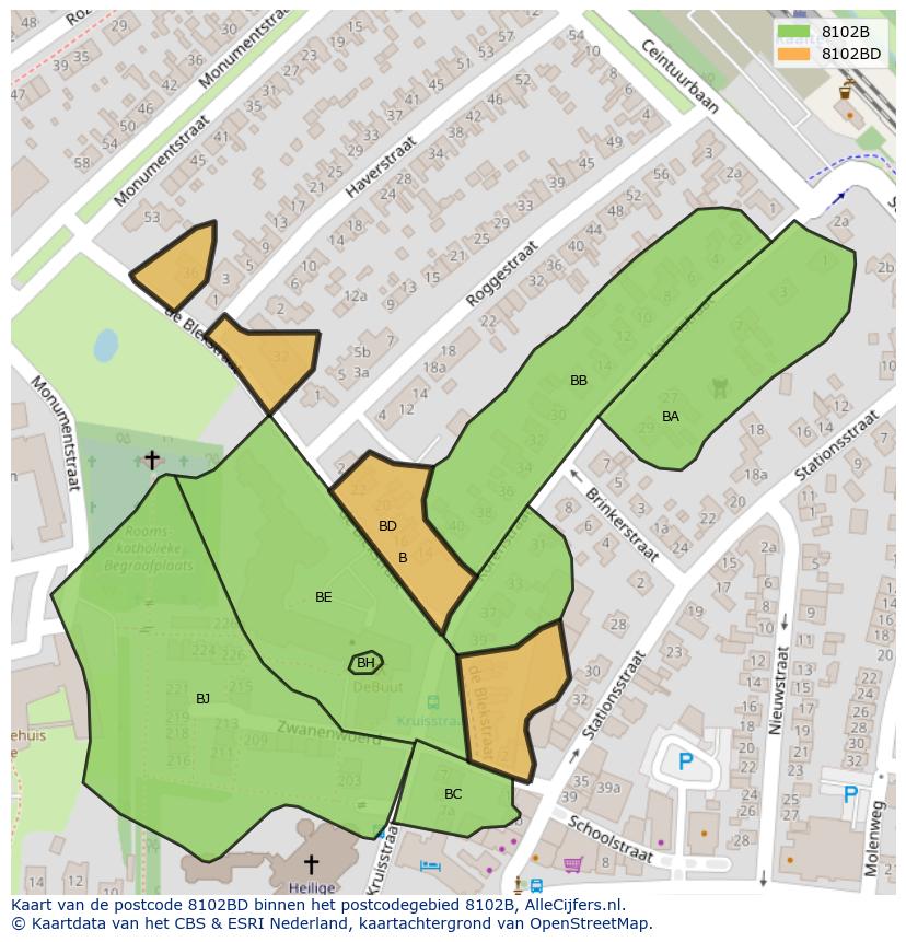 Afbeelding van het postcodegebied 8102 BD op de kaart.