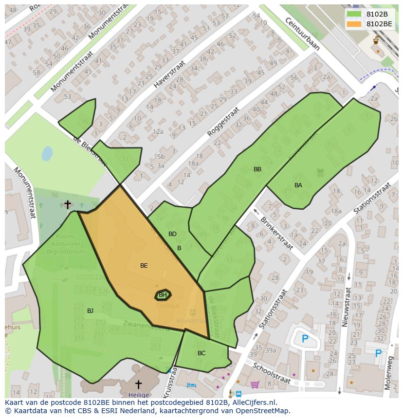 Afbeelding van het postcodegebied 8102 BE op de kaart.