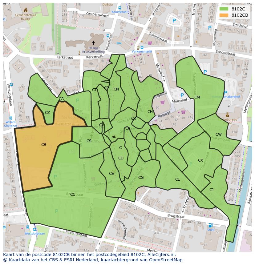 Afbeelding van het postcodegebied 8102 CB op de kaart.
