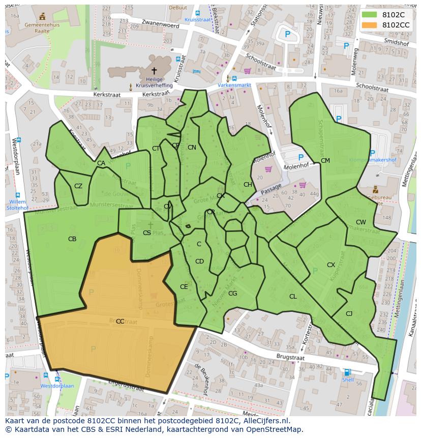Afbeelding van het postcodegebied 8102 CC op de kaart.