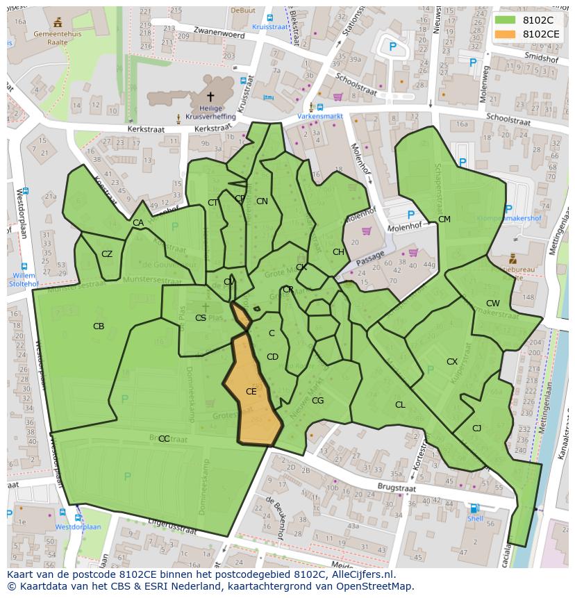 Afbeelding van het postcodegebied 8102 CE op de kaart.