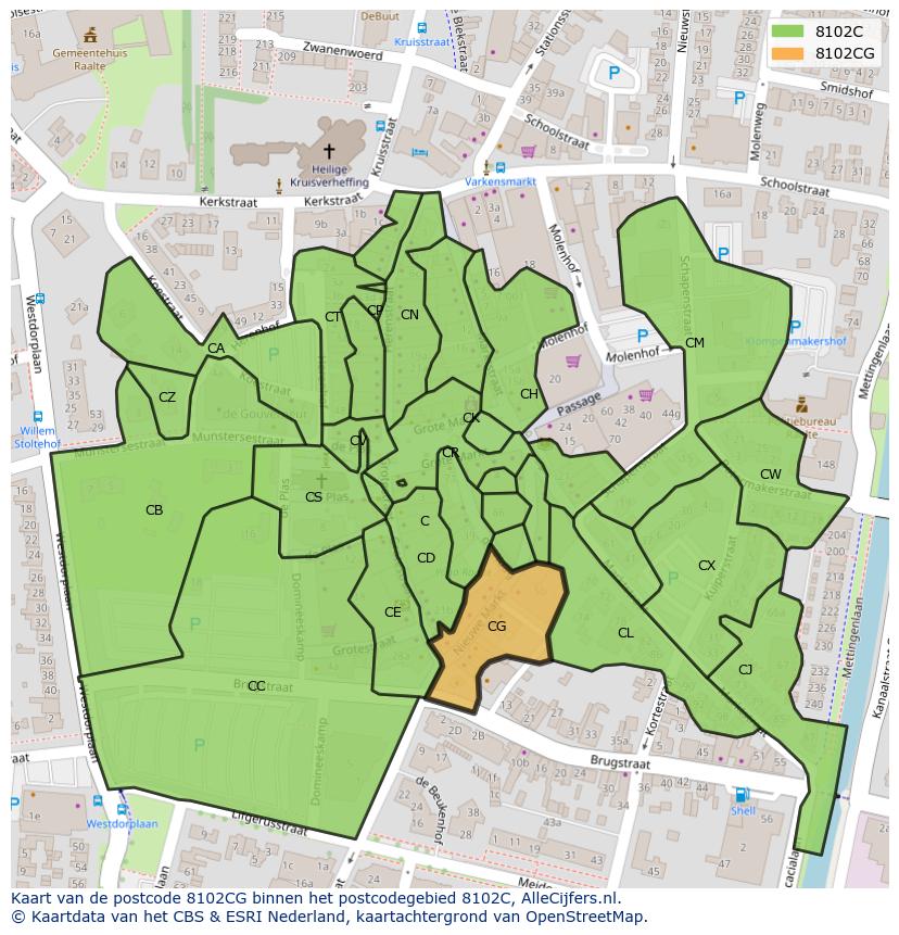 Afbeelding van het postcodegebied 8102 CG op de kaart.
