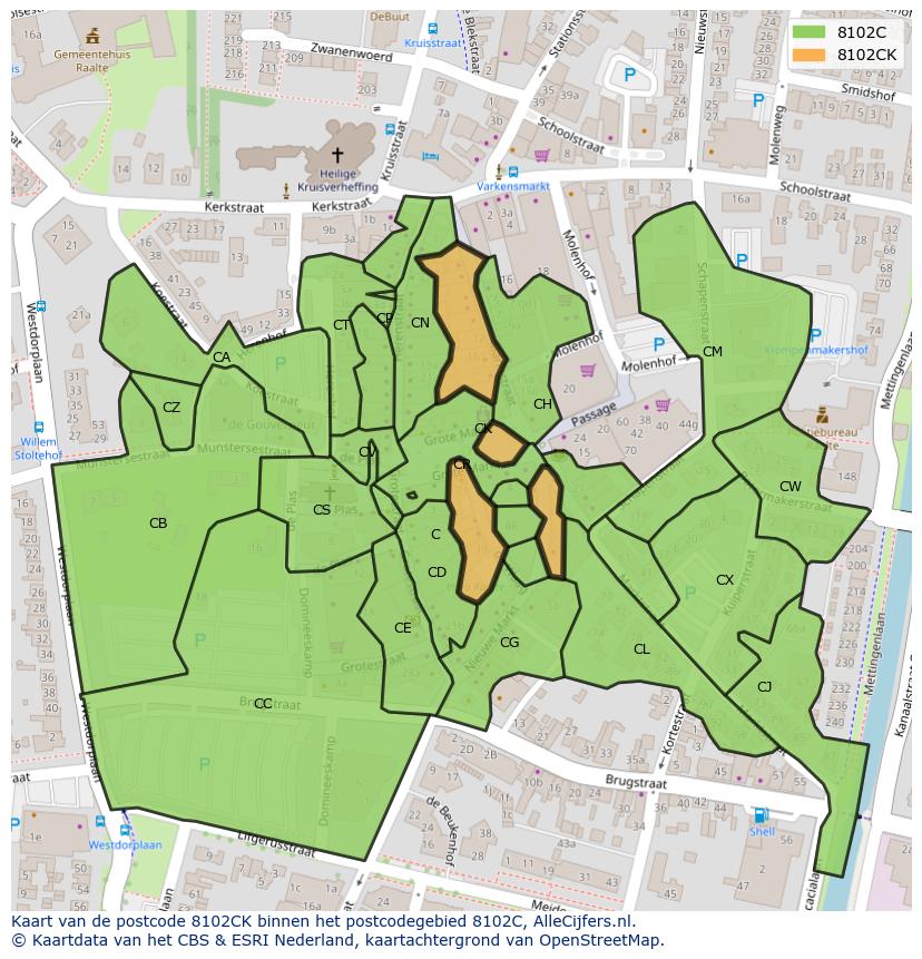 Afbeelding van het postcodegebied 8102 CK op de kaart.