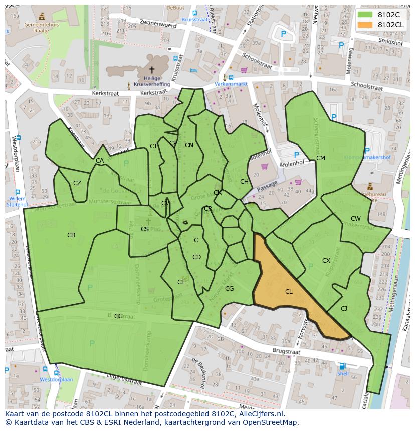 Afbeelding van het postcodegebied 8102 CL op de kaart.
