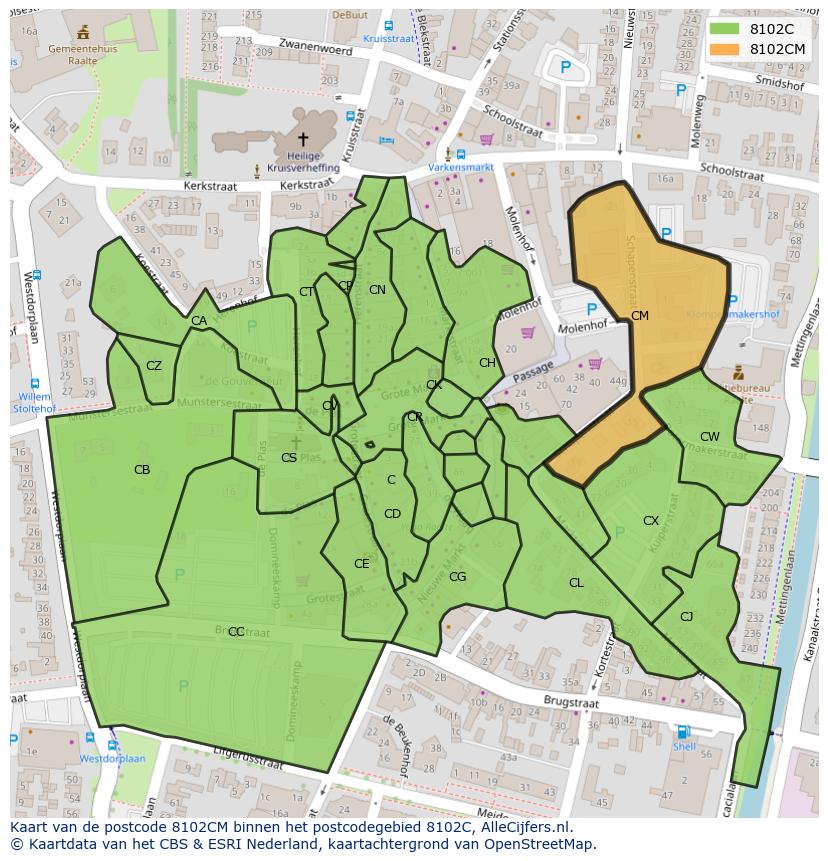 Afbeelding van het postcodegebied 8102 CM op de kaart.