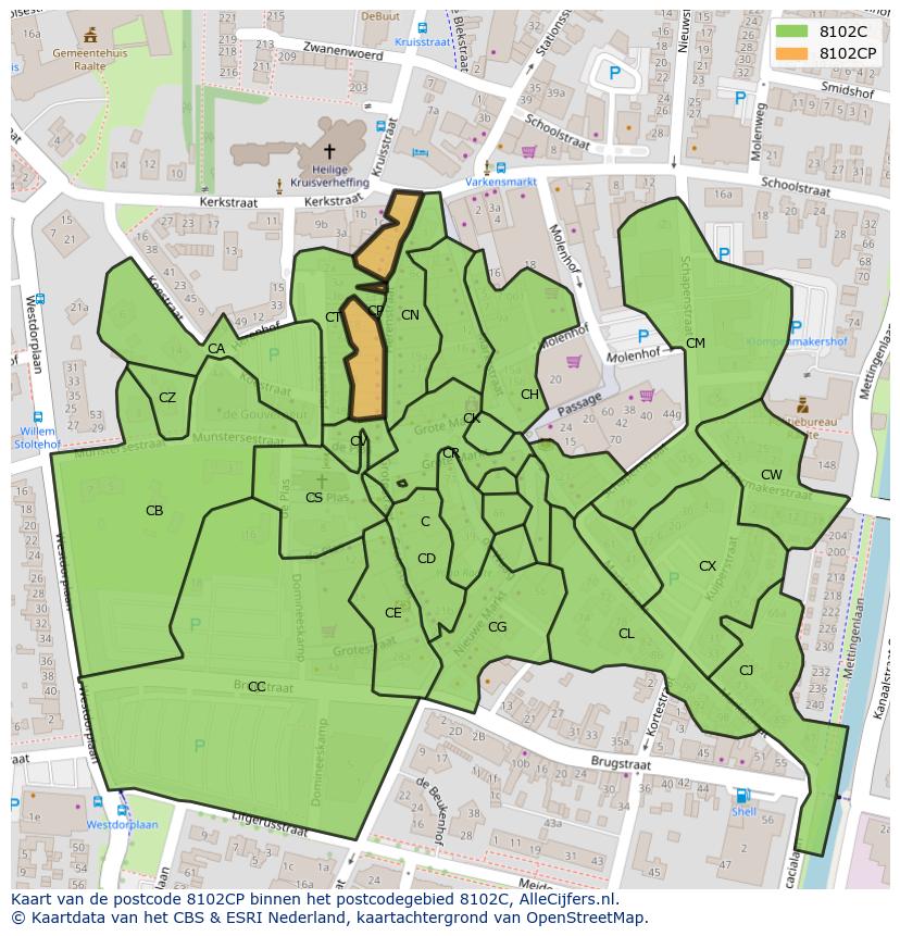 Afbeelding van het postcodegebied 8102 CP op de kaart.