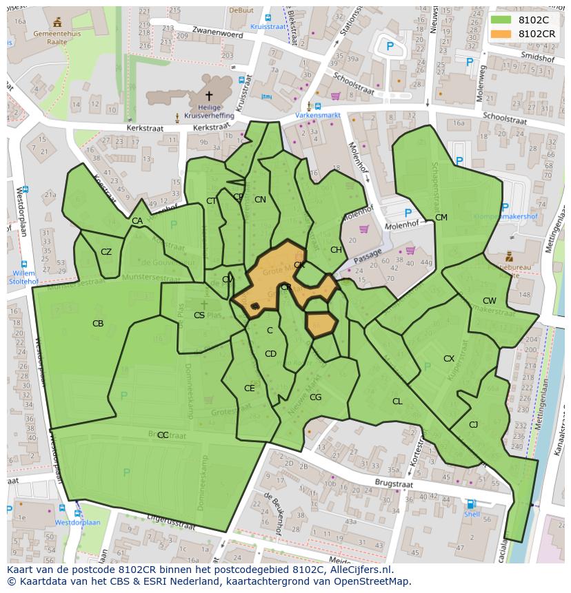 Afbeelding van het postcodegebied 8102 CR op de kaart.