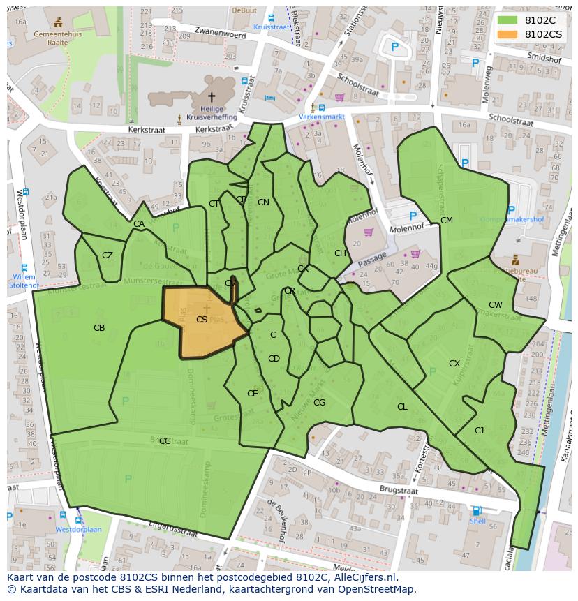 Afbeelding van het postcodegebied 8102 CS op de kaart.