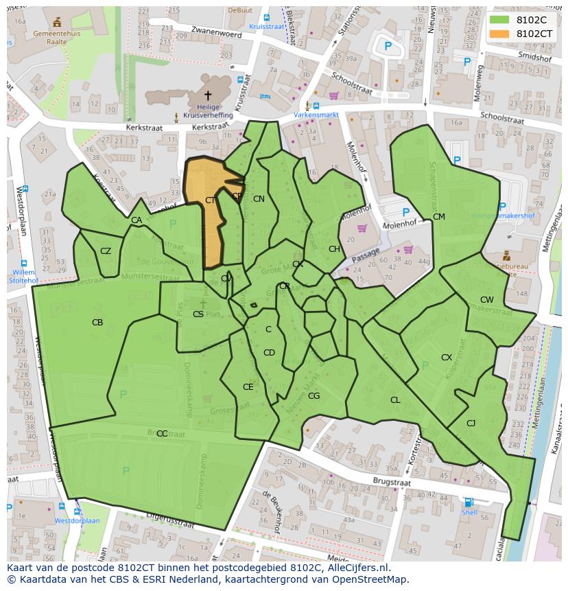 Afbeelding van het postcodegebied 8102 CT op de kaart.