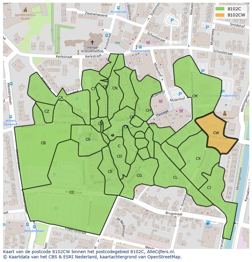 Afbeelding van het postcodegebied 8102 CW op de kaart.