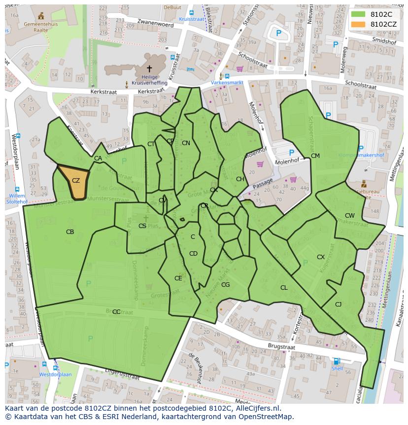 Afbeelding van het postcodegebied 8102 CZ op de kaart.