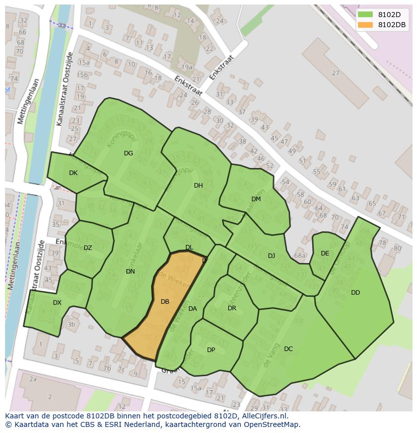 Afbeelding van het postcodegebied 8102 DB op de kaart.