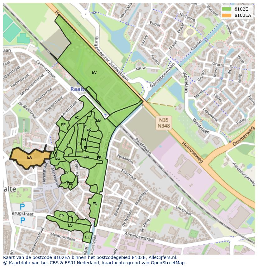 Afbeelding van het postcodegebied 8102 EA op de kaart.