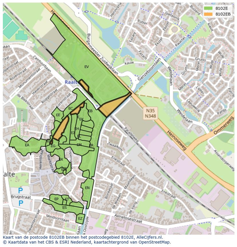 Afbeelding van het postcodegebied 8102 EB op de kaart.