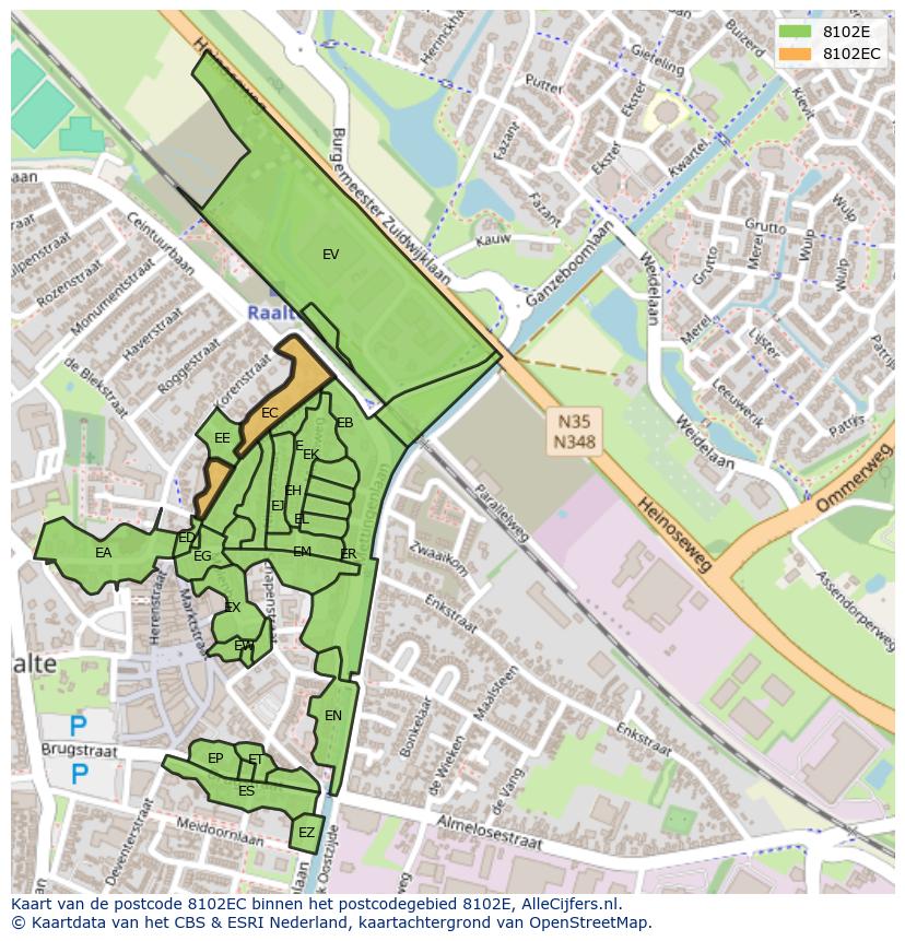 Afbeelding van het postcodegebied 8102 EC op de kaart.