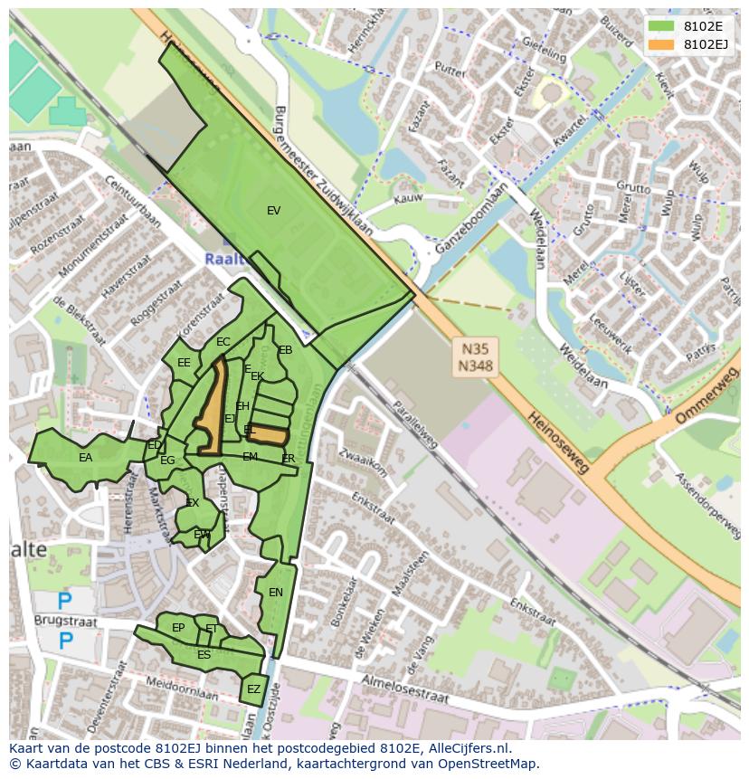 Afbeelding van het postcodegebied 8102 EJ op de kaart.