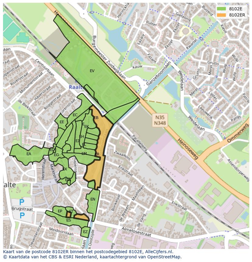 Afbeelding van het postcodegebied 8102 ER op de kaart.