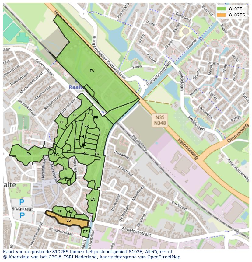 Afbeelding van het postcodegebied 8102 ES op de kaart.